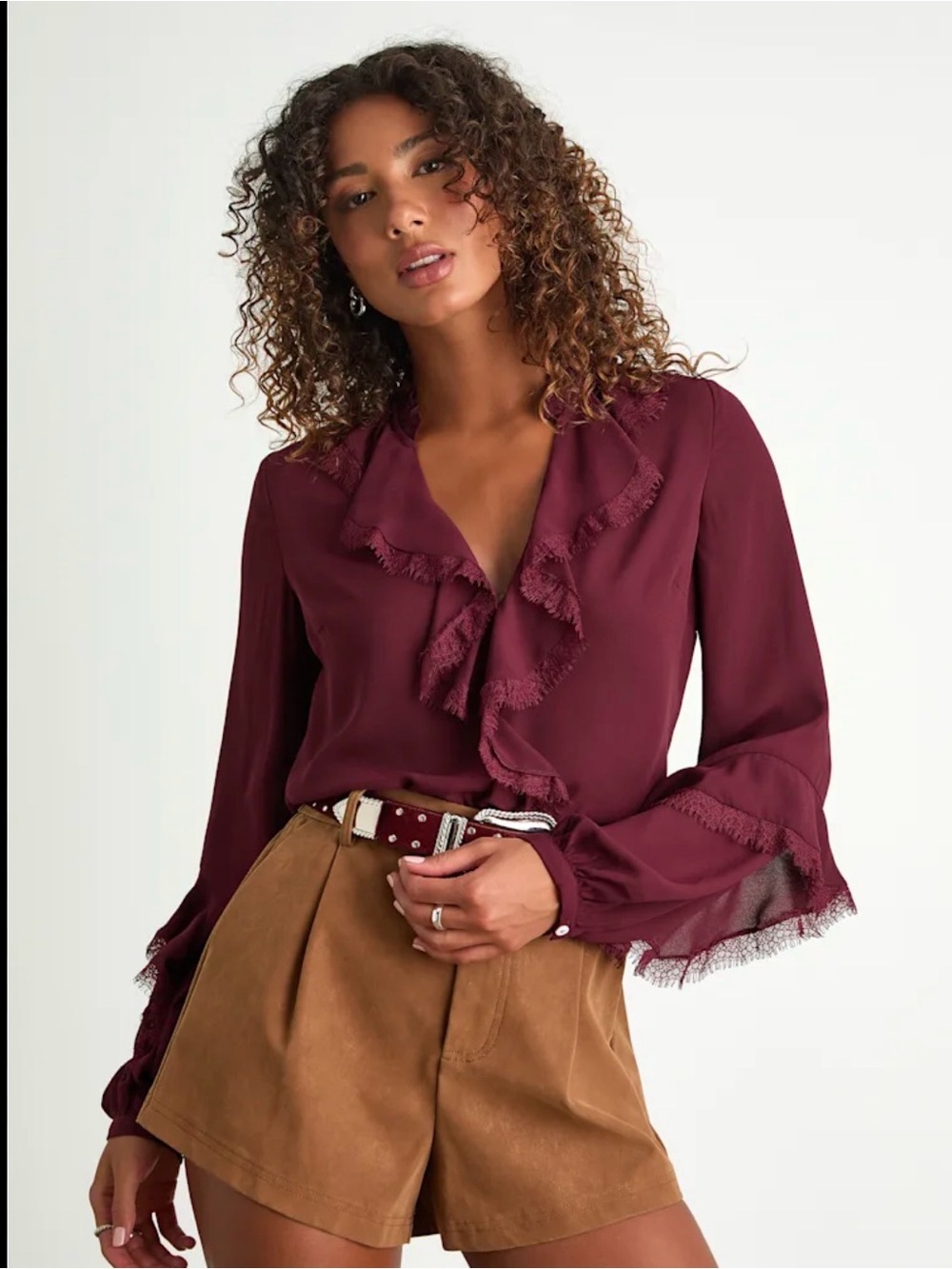 Lulus Jess Top Sz L Burgundy Ruffled Lace Boho Office Romantic Date Night NWT - Picture 2 of 10
